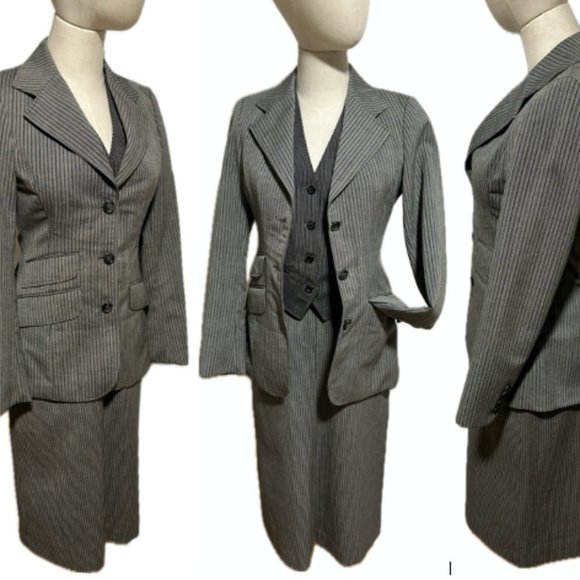 70s 3 PC SUIT GRAY PINSTRIPE SKIRT, VEST, BLAZER BY FOX RUN BY LITTLE FOXES INTL - Picture 1 of 16